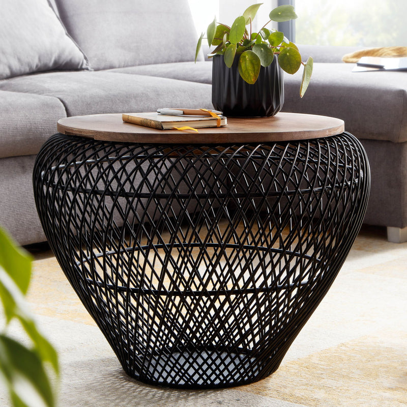 Couchtisch Mango Massivholz Metall Rund Schwarz mit Stauraum Modern