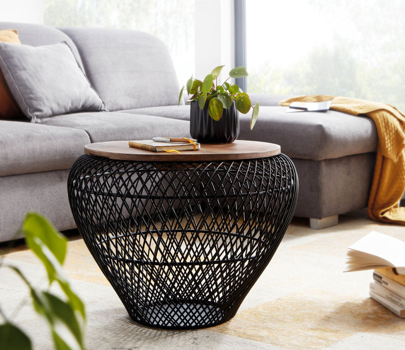 Couchtisch Mango Massivholz Metall Rund Schwarz mit Stauraum Modern