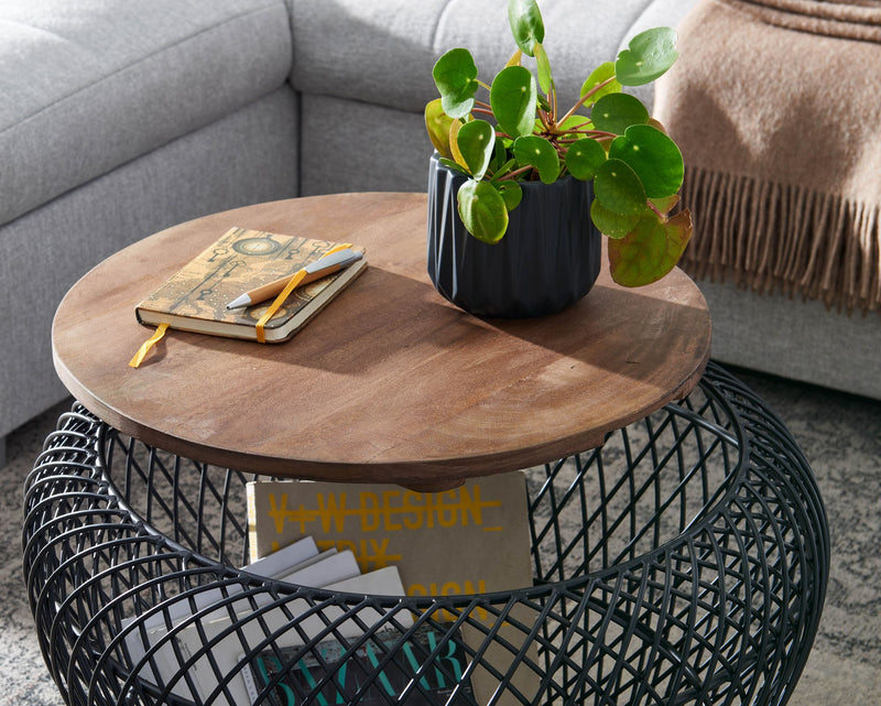Couchtisch Mango Massivholz Metall Rund Schwarz mit Stauraum Modern