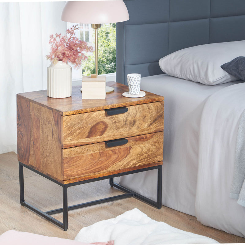 Nachttisch Sheesham Massivholz Metall 2 Schubladen Industrial Design