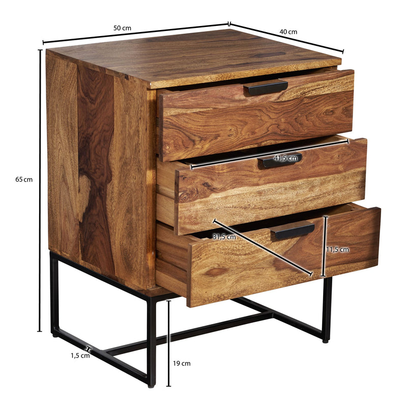 Nachttisch Sheesham Massivholz Metall 3 Schubladen Industrial Design