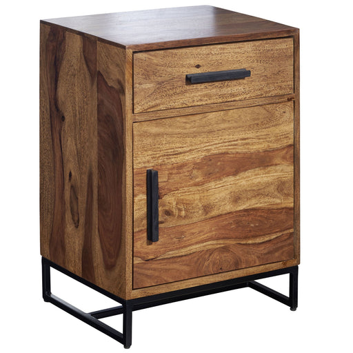 Nachttisch Sheesham Massivholz Metall 45x35x65cm mit offener Schublade und Tür im Industrial-Stil, Metallgriffe.