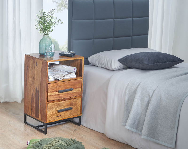 Nachttisch Sheesham Massivholz Metall 2 Schubladen Industrial 40x35x66cm