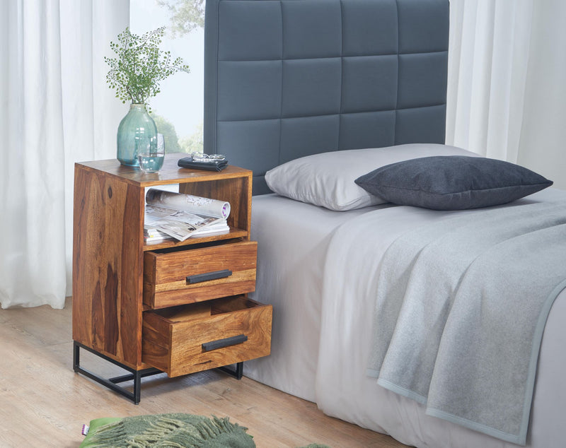 Nachttisch Sheesham Massivholz Metall 2 Schubladen Industrial 40x35x66cm