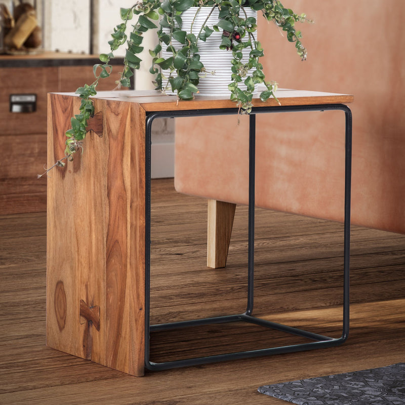 Beistelltisch Sheesham Massivholz Metall 45x30x45cm Industrial Modern