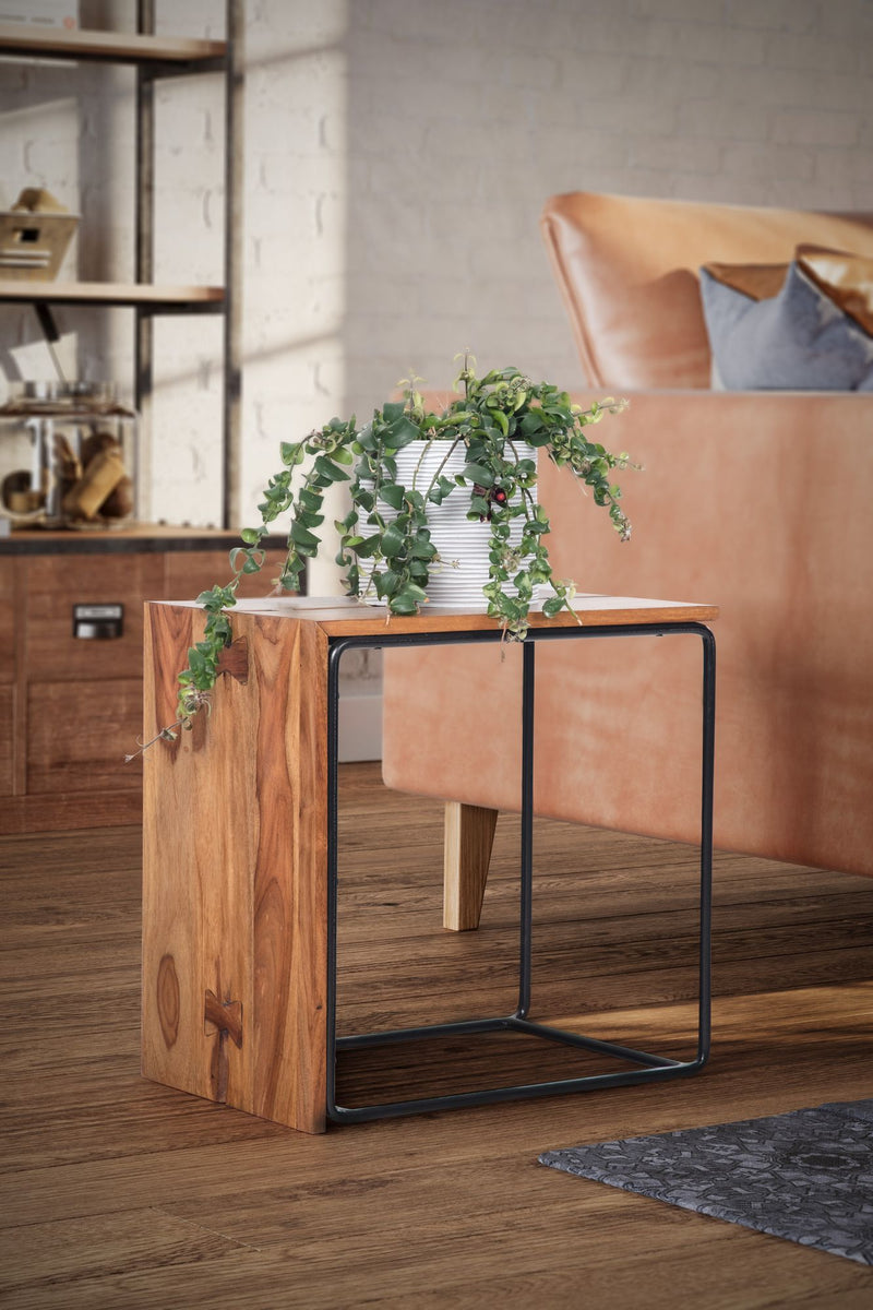 Beistelltisch Sheesham Massivholz Metall 45x30x45cm Industrial Modern