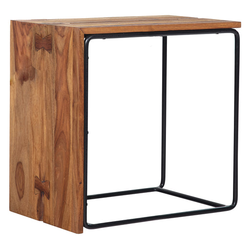 Beistelltisch aus Sheesham Massivholz mit schwarzem Metallgestell in Industrial-Stil, Gesamtansicht.