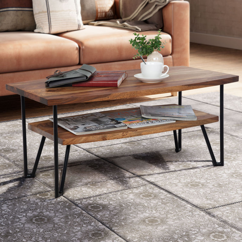 Couchtisch 90x50x40cm Sheesham Massivholz Metall Industrial Stauraum