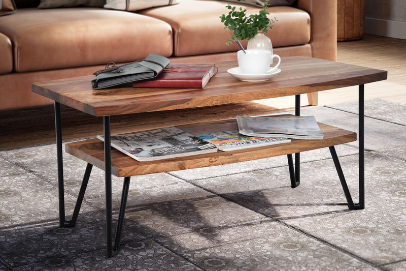 Couchtisch 90x50x40cm Sheesham Massivholz Metall Industrial Stauraum