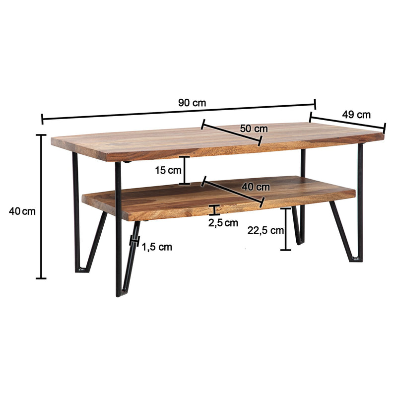 Couchtisch 90x50x40cm Sheesham Massivholz Metall Industrial Stauraum