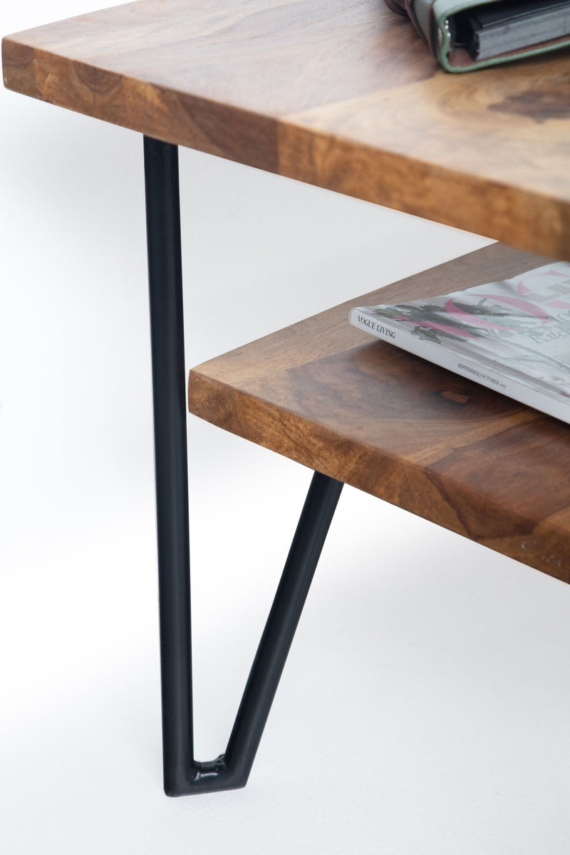 Couchtisch 90x50x40cm Sheesham Massivholz Metall Industrial Stauraum