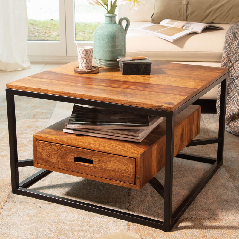Couchtisch 60x60x40cm Sheesham Massivholz Metall Schublade Modern