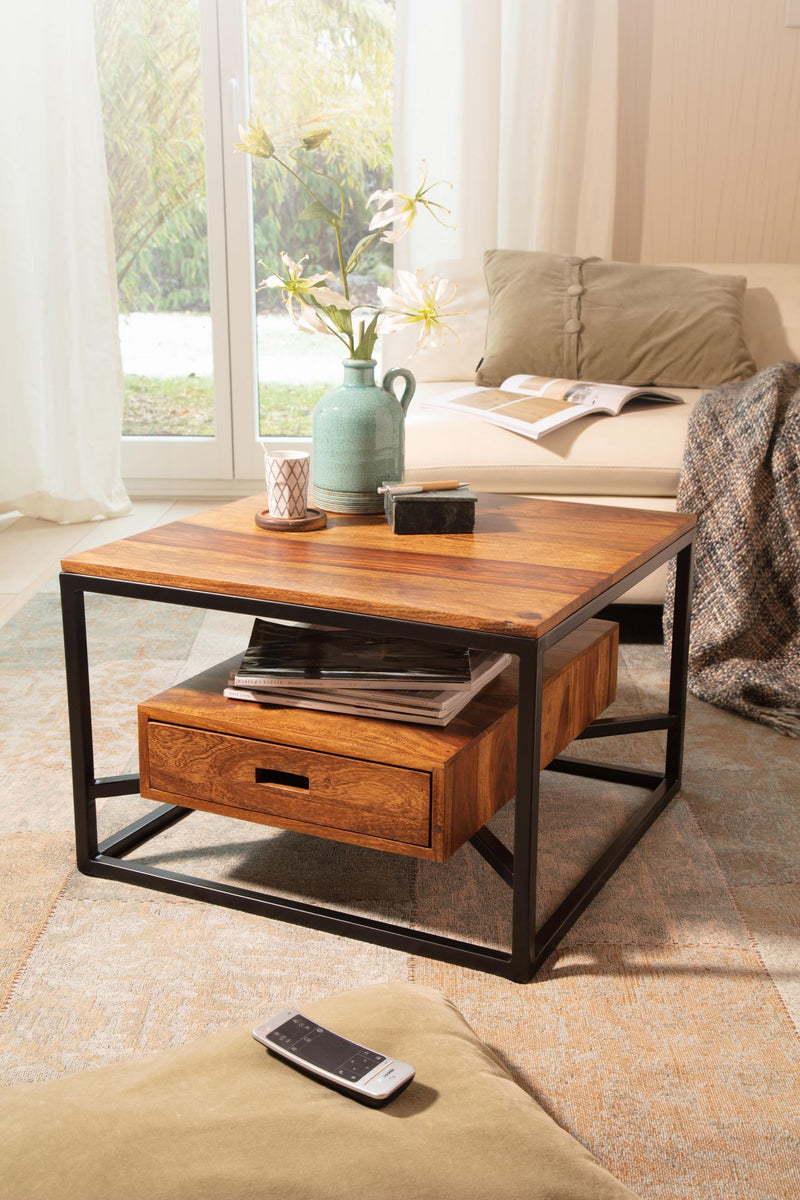 Couchtisch 60x60x40cm Sheesham Massivholz Metall Schublade Modern
