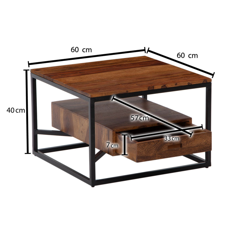 Couchtisch 60x60x40cm Sheesham Massivholz Metall Schublade Modern