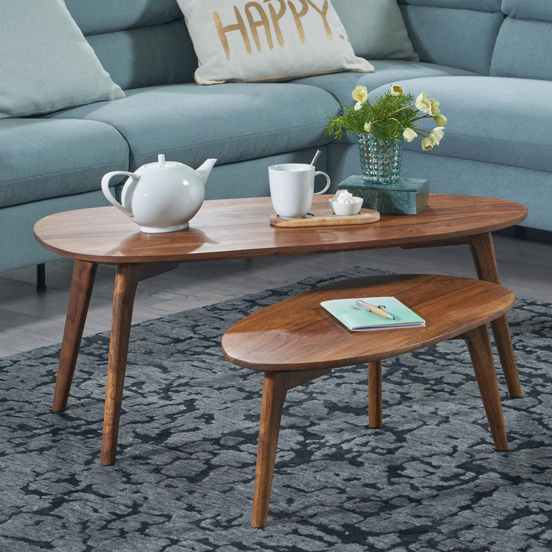 Couchtisch 2er Set Sheesham Massivholz Braun Retro Nierenform