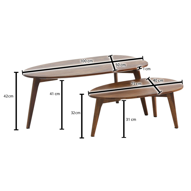 Couchtisch 2er Set Sheesham Massivholz Braun Retro Nierenform