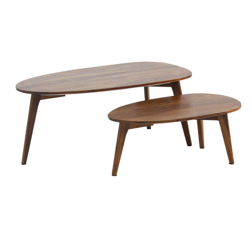 Zwei Couchtische aus Sheesham Massivholz in Nierenform mit schlanken Holzbeinen, gestaffelt angeordnet.