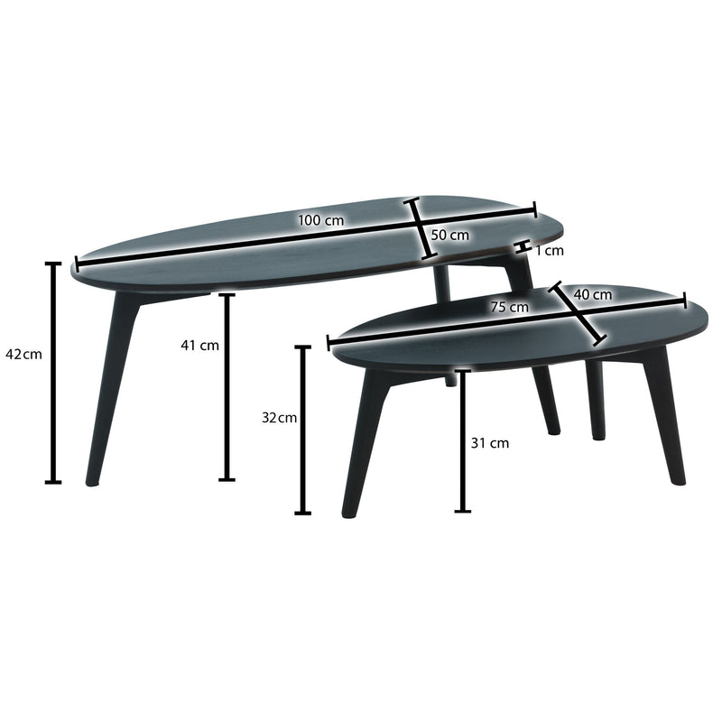 Couchtisch Set 2er Mango Massivholz Schwarz Retro Nierenform