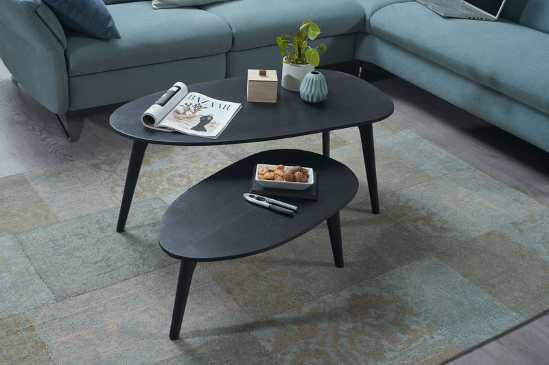 Couchtisch Set 2er Mango Massivholz Schwarz Retro Nierenform