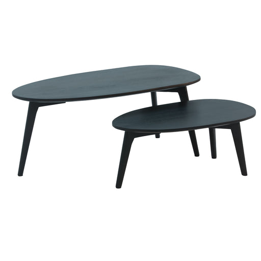 Zwei verschachtelte Couchtische in Nierenform aus Mango Massivholz in Schwarz, Gesamtansicht.
