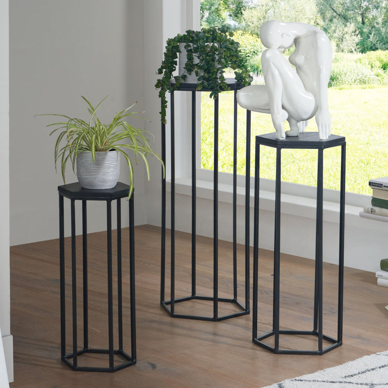 Beistelltisch 3er Set Mango Massivholz Metall Sechseckig Schwarz