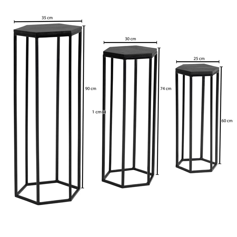 Beistelltisch 3er Set Mango Massivholz Metall Sechseckig Schwarz
