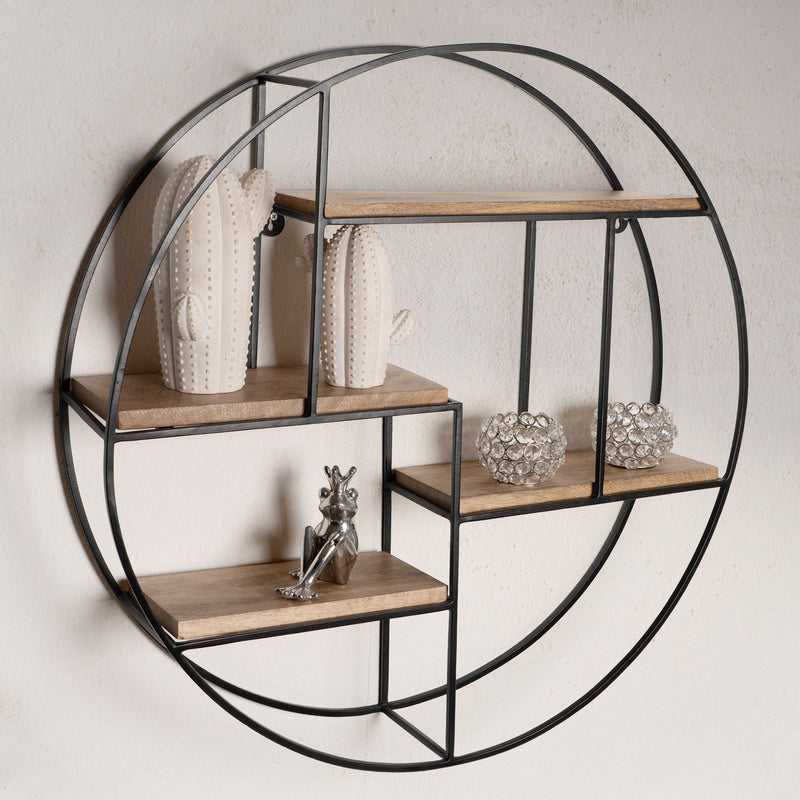 Wandregal Rund 70x70x18cm Mango Massivholz Metall Industrial Design
