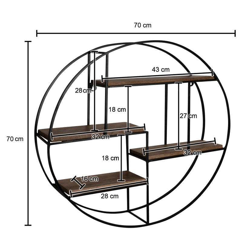 Wandregal Rund 70x70x18cm Mango Massivholz Metall Industrial Design