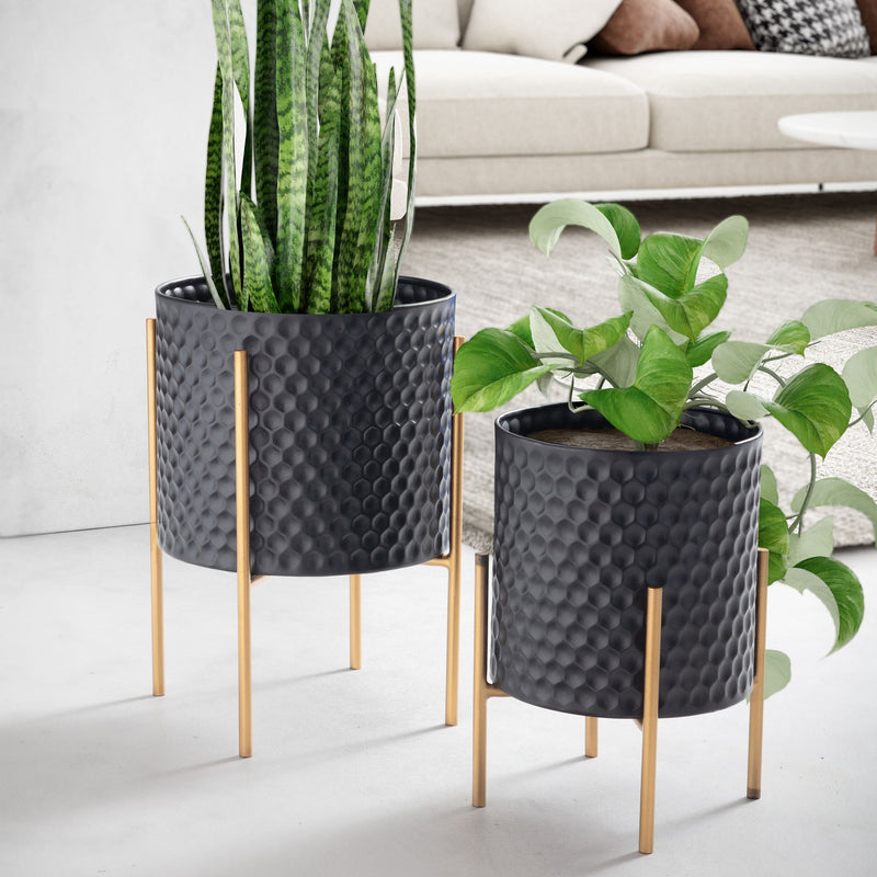 Blumentopf 2er Set Metall Schwarz/Gold mit Füßen Wabenmuster Indoor