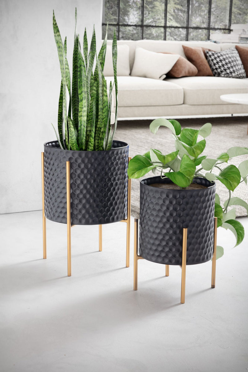 Blumentopf 2er Set Metall Schwarz/Gold mit Füßen Wabenmuster Indoor
