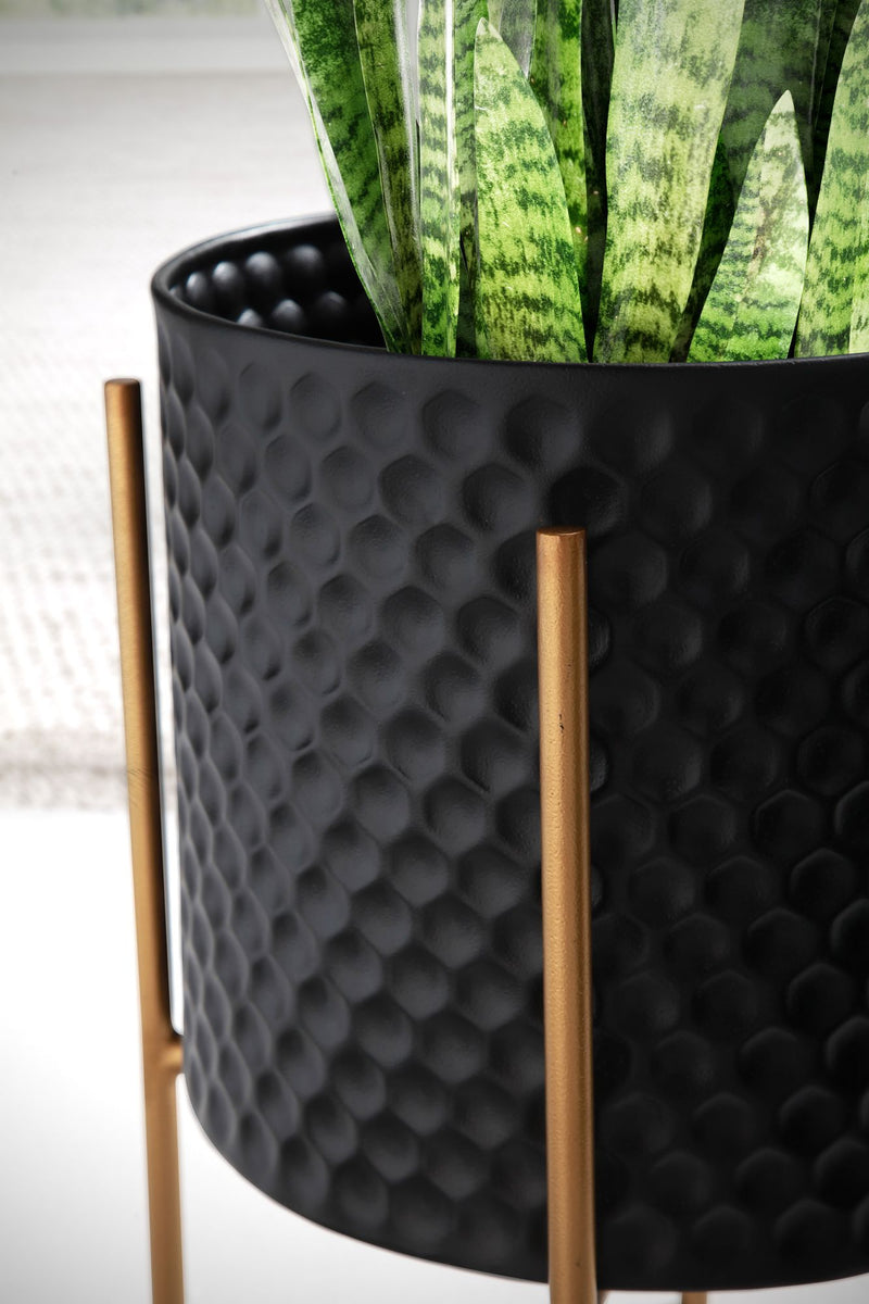 Blumentopf 2er Set Metall Schwarz/Gold mit Füßen Wabenmuster Indoor