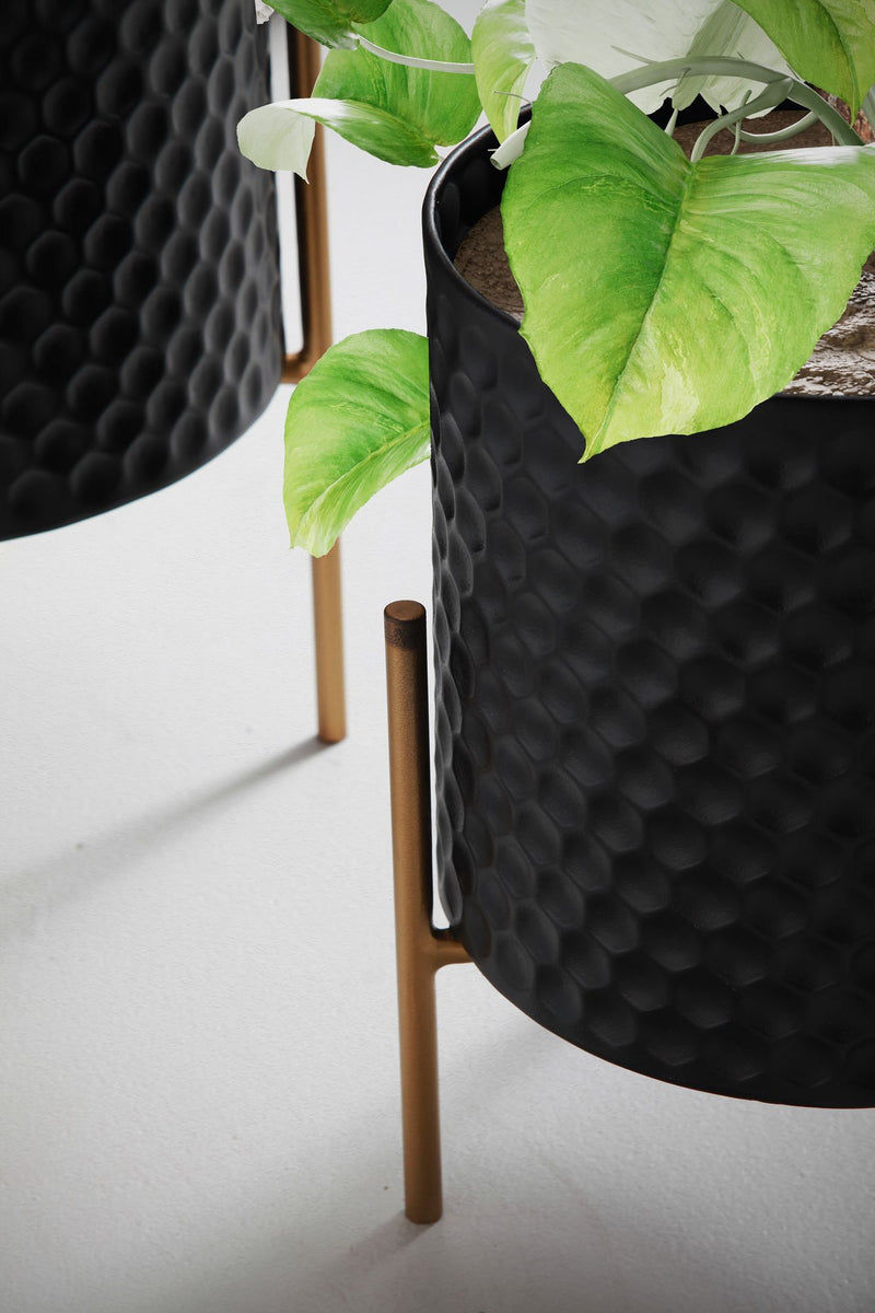 Blumentopf 2er Set Metall Schwarz/Gold mit Füßen Wabenmuster Indoor