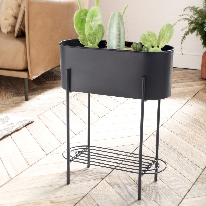 Pflanzgefäß Metall 51x65x22cm Schwarz mit Gestell & Ablage Indoor