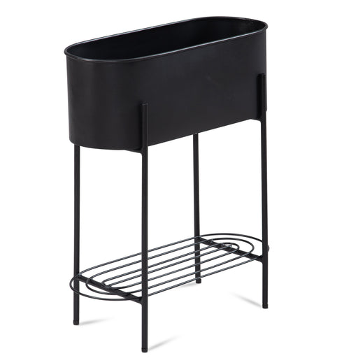 Pflanzgefäß Metall 51x65x22cm Schwarz mit Gestell und Ablage, Gesamtansicht von vorne.
