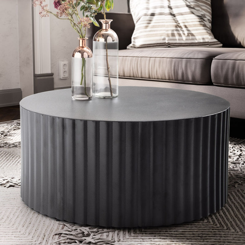 Couchtisch Metall Schwarz Rund Wellenmuster Eisen Lamellenoptik 67x67x31cm