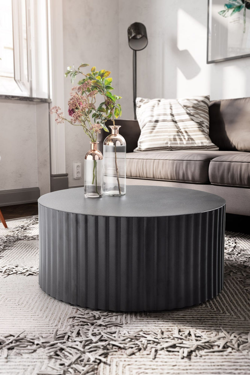 Couchtisch Metall Schwarz Rund Wellenmuster Eisen Lamellenoptik 67x67x31cm