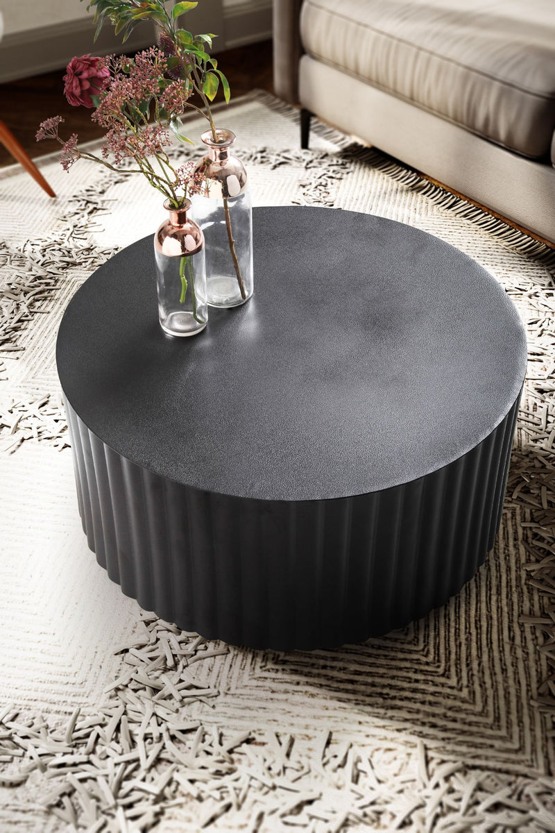 Couchtisch Metall Schwarz Rund Wellenmuster Eisen Lamellenoptik 67x67x31cm