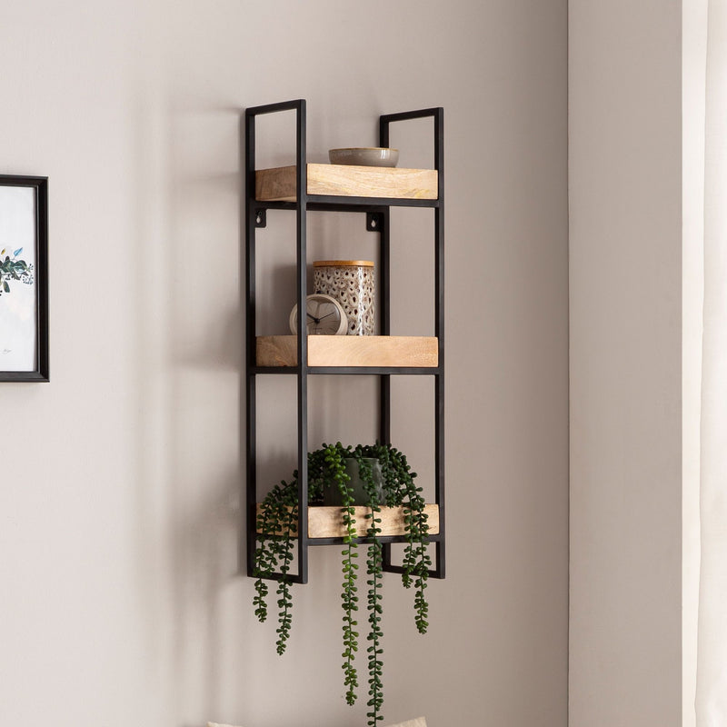 Wandregal 27x77x18cm Mango Massivholz Metall Industrial 3 Ablagen