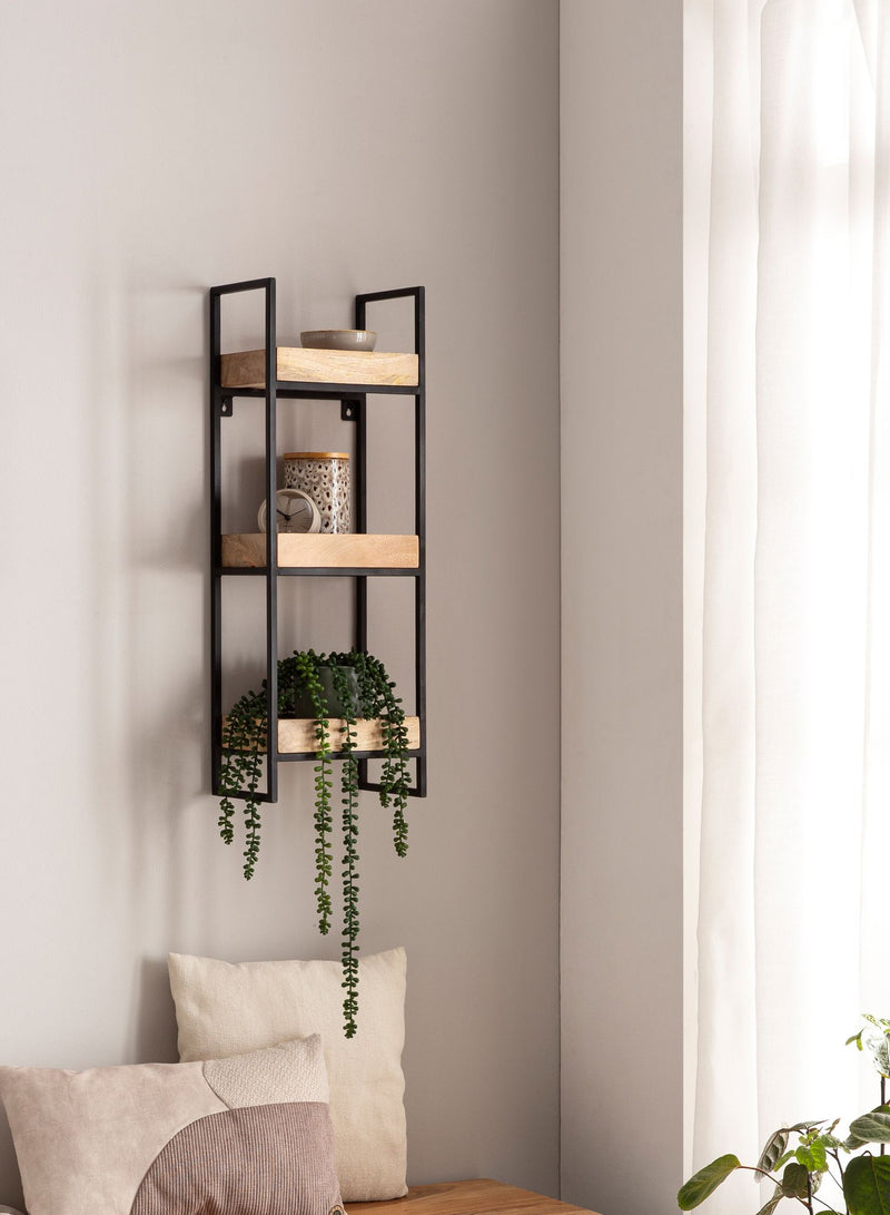 Wandregal 27x77x18cm Mango Massivholz Metall Industrial 3 Ablagen