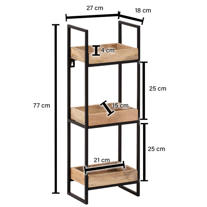 Wandregal 27x77x18cm Mango Massivholz Metall Industrial 3 Ablagen