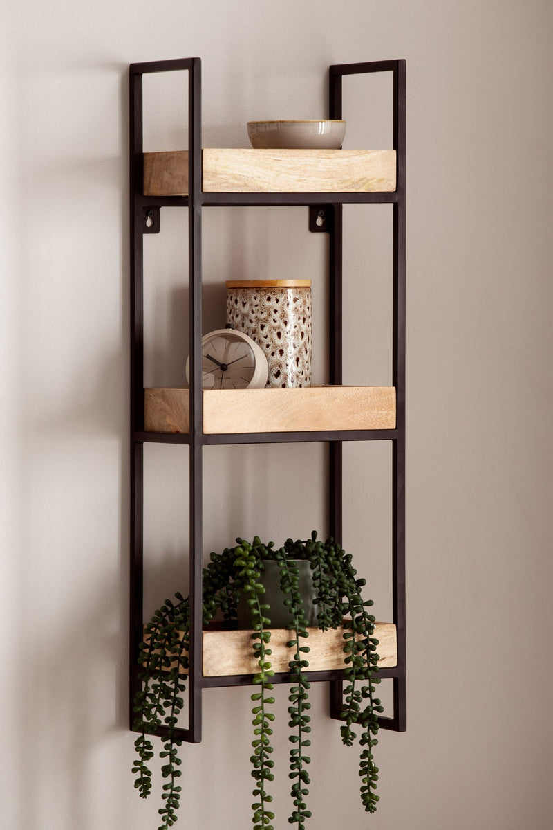 Wandregal 27x77x18cm Mango Massivholz Metall Industrial 3 Ablagen