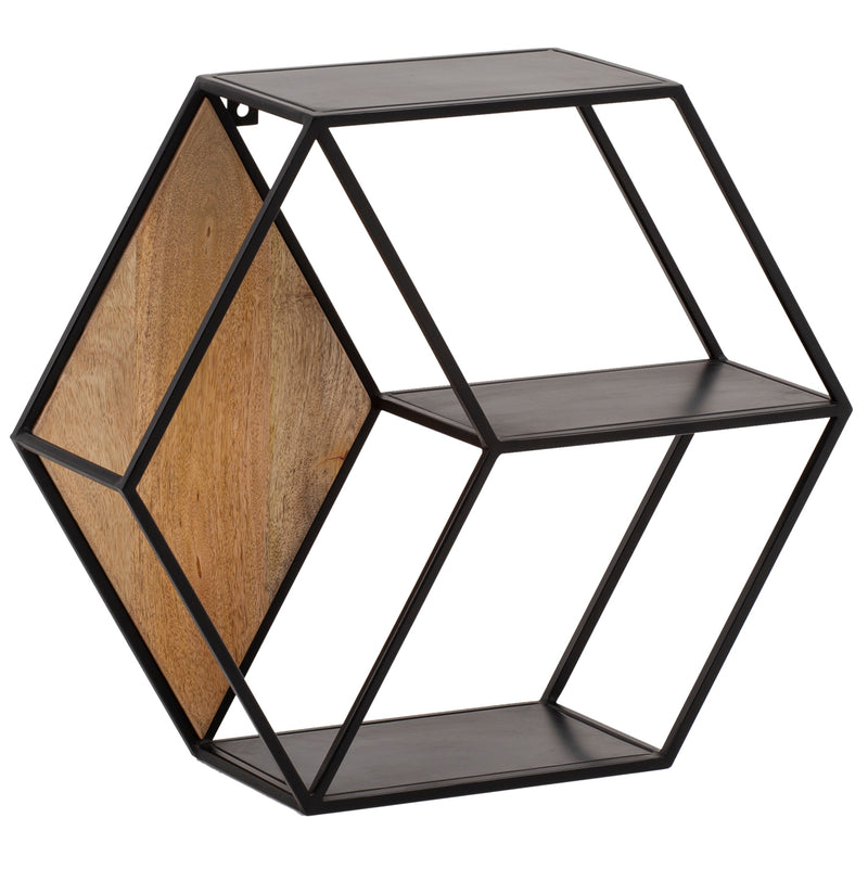 Wandregal Mango Massivholz Metall Sechseck Industrial 3 Ablagen