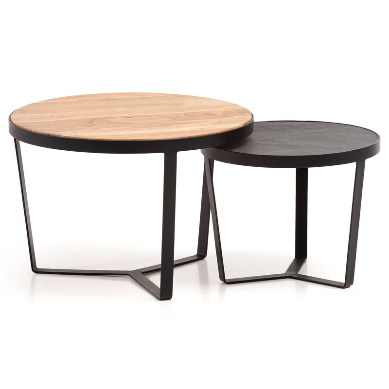 Couchtisch Set 2-teilig Akazie Massivholz Steinoptik Metallgestell Rund