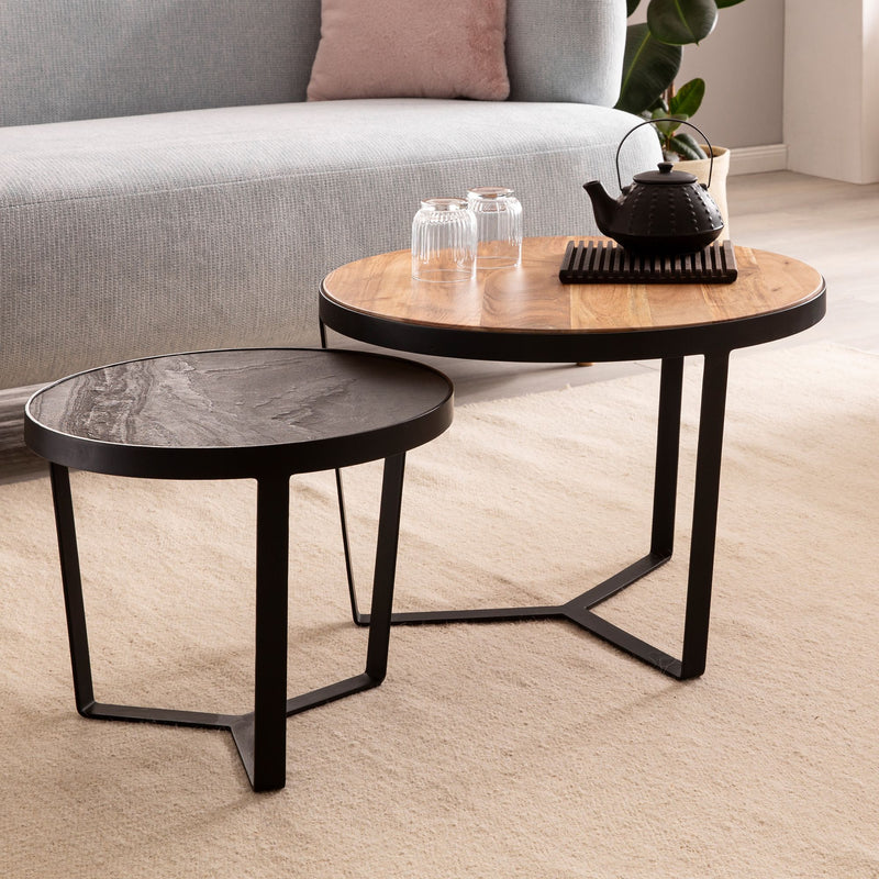 Couchtisch Set 2-teilig Akazie Massivholz Steinoptik Metallgestell Rund