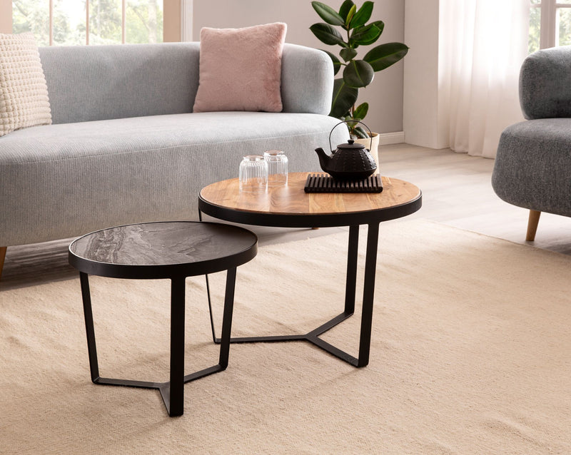 Couchtisch Set 2-teilig Akazie Massivholz Steinoptik Metallgestell Rund