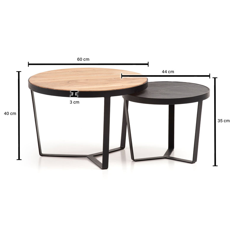 Couchtisch Set 2-teilig Akazie Massivholz Steinoptik Metallgestell Rund