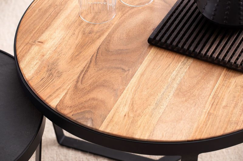 Couchtisch Set 2-teilig Akazie Massivholz Steinoptik Metallgestell Rund