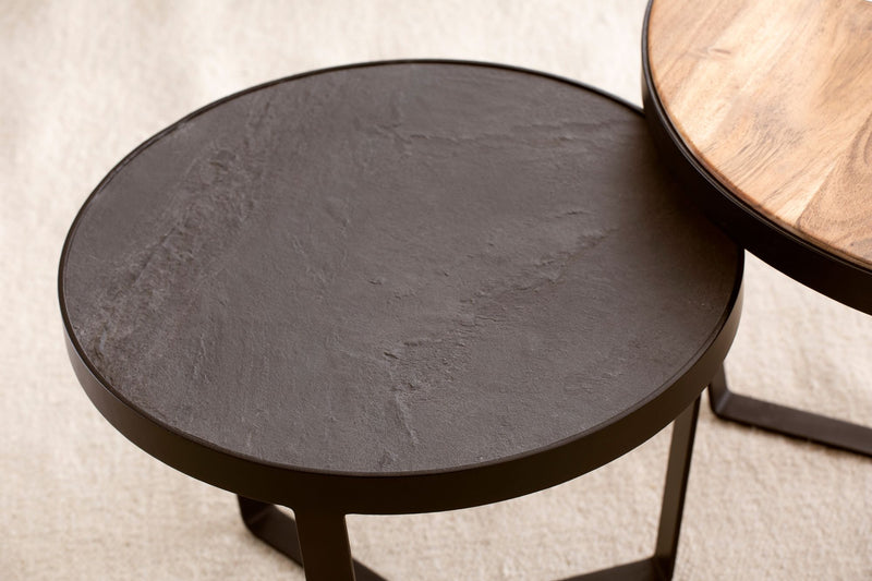 Couchtisch Set 2-teilig Akazie Massivholz Steinoptik Metallgestell Rund