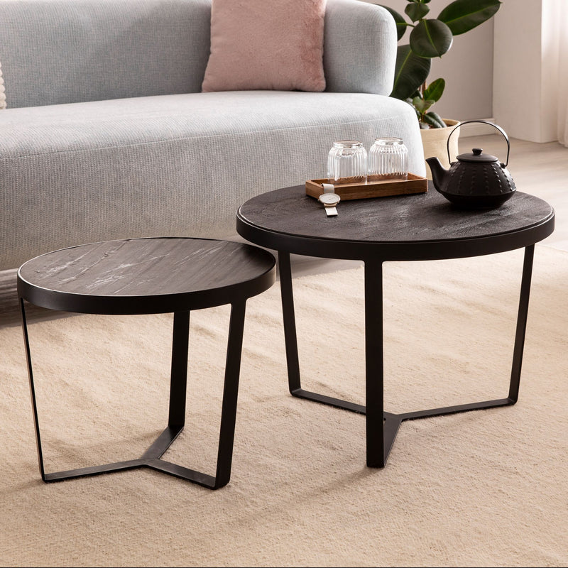 Couchtisch 2er Set Akazie Massivholz Rund Metallgestell Modern Schwarz