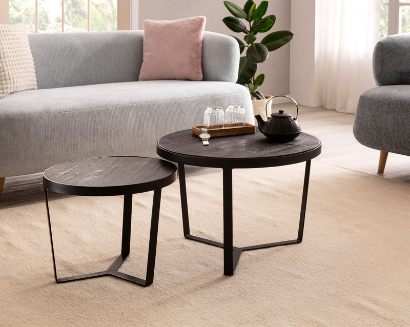 Couchtisch 2er Set Akazie Massivholz Rund Metallgestell Modern Schwarz